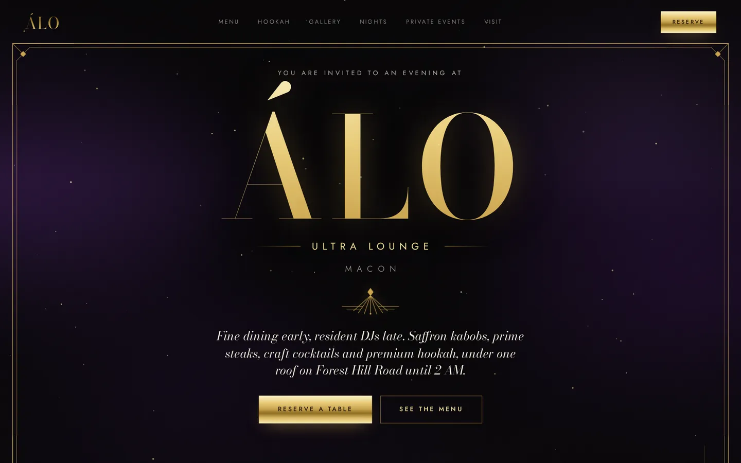 ÁLO Ultra Lounge website on a desktop screen